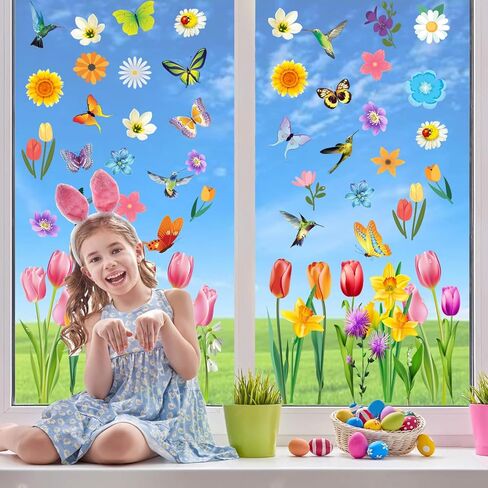 Spring and Summer Glass Window Stickers, Cute Butterfly Bird Flower Stickers Spring Party Window Stickers Home Office School Classroom Decoration 6 Sheets (11.8X11.4 inches) in Kuwait