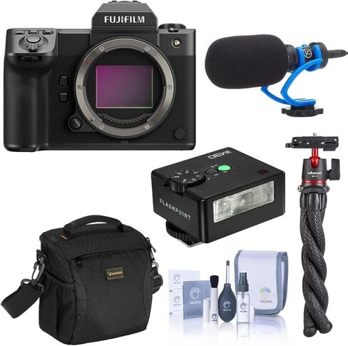 كاميرا GFX 100 II متوسطة الحجم بدون مرآة، حزمة مع ميكروفون مكثف TASC300، حامل ثلاثي الأخطبوط MT-11، فلاش صغير iM30، حقيبة كتف ومجموعة تنظيف in Kuwait
