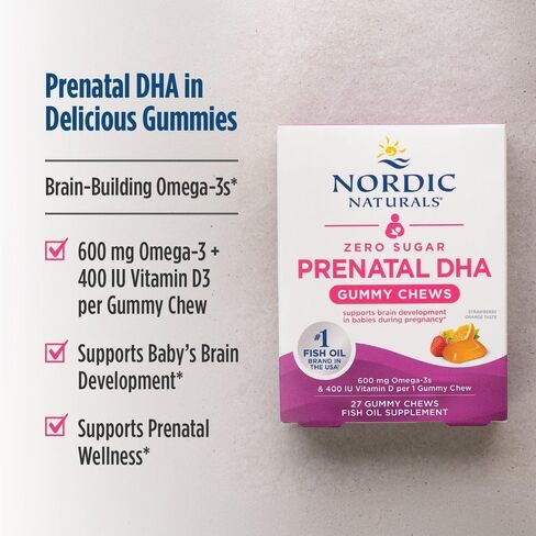 حلوى فيتامين DHA قبل الولادة من Nordic Naturals خالية من السكر، نكهة البرتقال والفراولة - 27 علكة - مكملات غذائية للحمل - 600 ملغ من زيت السمك أوميجا 3 و400 وحدة دولية من فيتامين D3-27 حصة in Saudi Arabia