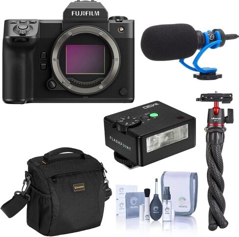 كاميرا GFX 100 II متوسطة الحجم بدون مرآة، حزمة مع ميكروفون مكثف TASC300، حامل ثلاثي الأخطبوط MT-11، فلاش صغير iM30، حقيبة كتف ومجموعة تنظيف in Kuwait