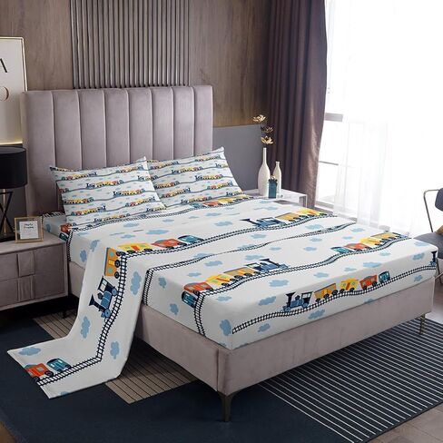 Erosebridal Train Sheets Navy Locomotive Train Sheet Set Twin,Cartoon Steam Engine Bed Sheets Set for Kids Toddler Cute Clouds Transportation Cars Top Fitted Sheet with 1 Pillowcase in Saudi Arabia