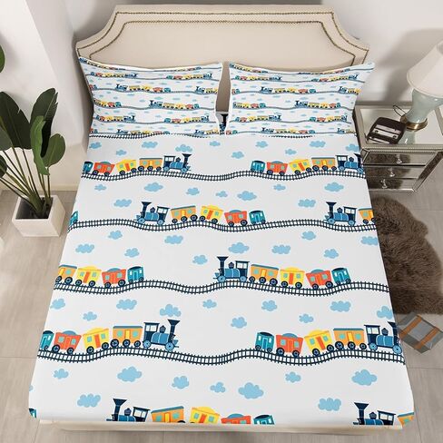 Erosebridal Train Sheets Navy Locomotive Train Sheet Set Twin,Cartoon Steam Engine Bed Sheets Set for Kids Toddler Cute Clouds Transportation Cars Top Fitted Sheet with 1 Pillowcase in Saudi Arabia