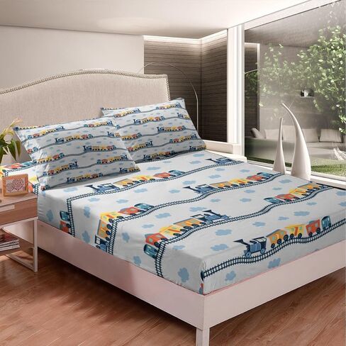 Erosebridal Train Sheets Navy Locomotive Train Sheet Set Twin,Cartoon Steam Engine Bed Sheets Set for Kids Toddler Cute Clouds Transportation Cars Top Fitted Sheet with 1 Pillowcase in Saudi Arabia