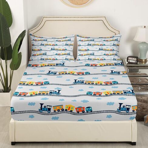 Erosebridal Train Sheets Navy Locomotive Train Sheet Set Twin,Cartoon Steam Engine Bed Sheets Set for Kids Toddler Cute Clouds Transportation Cars Top Fitted Sheet with 1 Pillowcase in Saudi Arabia