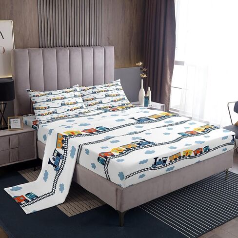 Erosebridal Train Sheets Navy Locomotive Train Sheet Set Twin,Cartoon Steam Engine Bed Sheets Set for Kids Toddler Cute Clouds Transportation Cars Top Fitted Sheet with 1 Pillowcase in Saudi Arabia