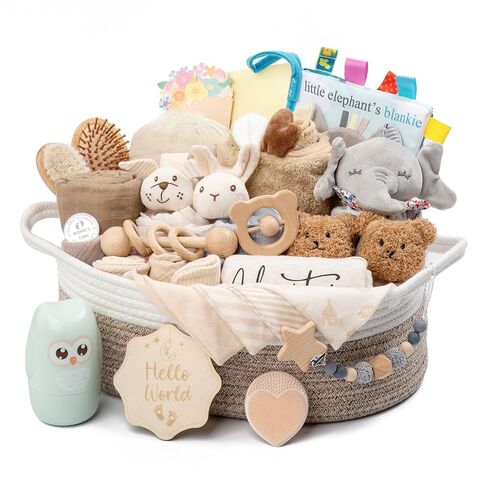 30 Piece Baby Gift Basket – Luxury Curated Baby Girl Gift Basket for Newborn, Premium All-in-One Baby Shower Gift Set, Essentials with Keepsakes for First Moments (Khaki) in Kuwait
