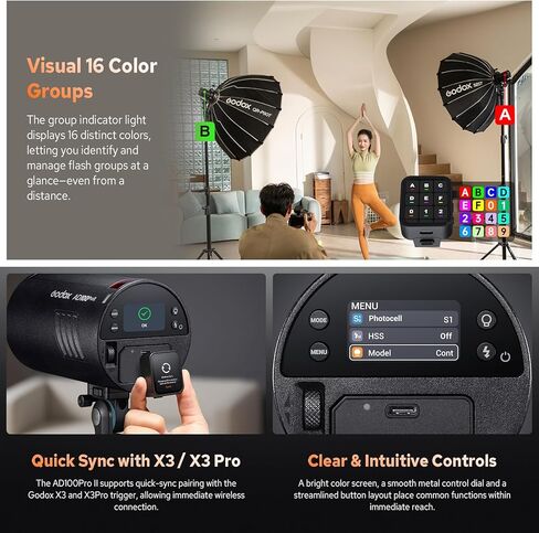 Godox AD100 Pro II AD100Pro II جيب فلاش ستروب خارجي، 100Ws 2.4G TTL 1/8000s HSS Monolight، إعادة تدوير 0.01-1.5s، 490 ومضة طاقة كاملة، مصباح تشكيل LED، GODOX AD 100 Pro II مع مؤشر اللون in Kuwait
