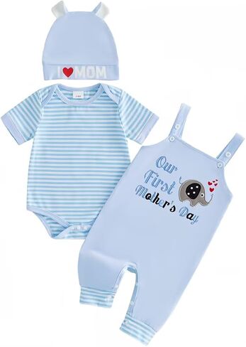 First Mothers Day Baby Boy Outfit Short Sleeve Stripe Romper Elephant/Dinosaur Embroidered Overall Pants and Hat Set in Kuwait