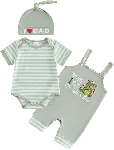First Mothers Day Baby Boy Outfit Short Sleeve Stripe Romper Elephant/Dinosaur Embroidered Overall Pants and Hat Set in Saudi Arabia