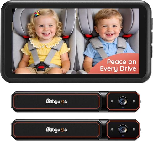 Babyvue BV6PRO Wireless Dual Car Camera Baby Monitor Fast Setup, HD1080P Spilt-Screen Baby Car Monitor for 2 Kids, Auto IR Night Vision Backseat Camera for Newborns Gift in Kuwait