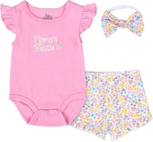 Baby Infant Girl 3 Piece Outfit Short Set with Ruffle Sleeve Bodysuit, Shorts & Headband – Spring & Summer Gift Collection in Kuwait