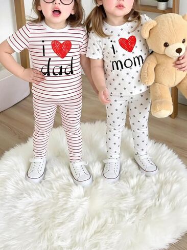 Girls' 2-Piece Outfit Sets, Stripe Dad & Star Mom Love Print, Matching Top and Pants Set in Kuwait