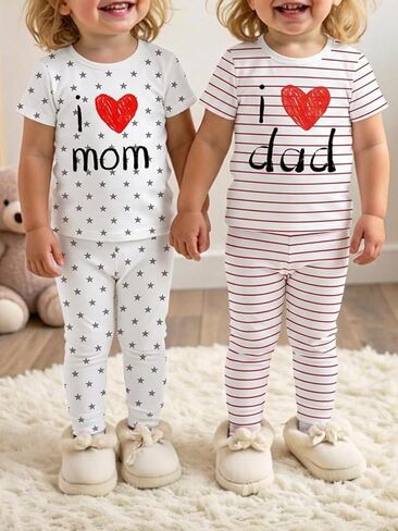 Girls' 2-Piece Outfit Sets, Stripe Dad & Star Mom Love Print, Matching Top and Pants Set in Saudi Arabia