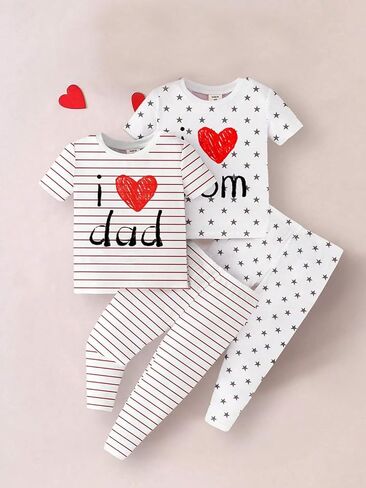 Girls' 2-Piece Outfit Sets, Stripe Dad & Star Mom Love Print, Matching Top and Pants Set in Saudi Arabia