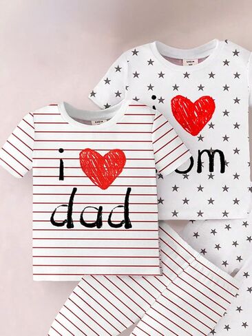 Girls' 2-Piece Outfit Sets, Stripe Dad & Star Mom Love Print, Matching Top and Pants Set in Saudi Arabia