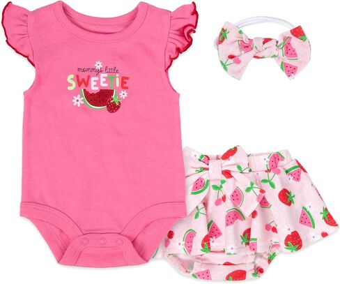 Baby Essentials Baby Girl Outfit Set,3 Piece Short Set with Ruffle Sleeve Bodysuit, Bloomers & Headband,Gift Collection in Kuwait