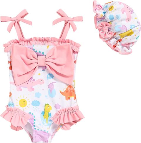 Baby Girl Strappy Swimsuit, Infant One-Piece Ruffle Bathing Suit with Sun Hat for Beach & Water Play 3M-4T in Kuwait