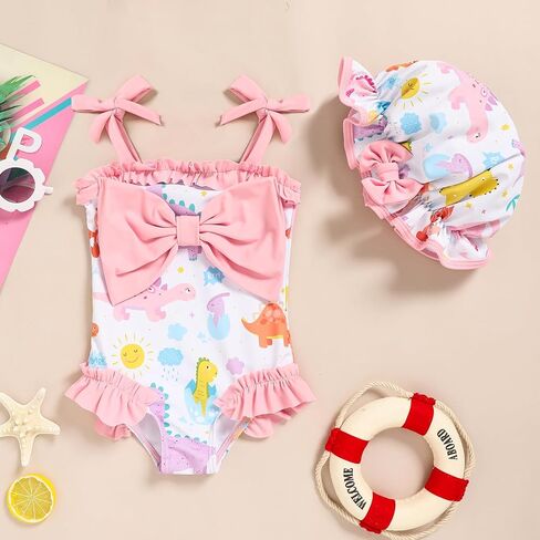 Baby Girl Strappy Swimsuit, Infant One-Piece Ruffle Bathing Suit with Sun Hat for Beach & Water Play 3M-4T in Kuwait