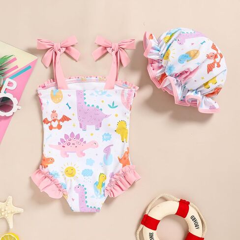 Baby Girl Strappy Swimsuit, Infant One-Piece Ruffle Bathing Suit with Sun Hat for Beach & Water Play 3M-4T in Kuwait