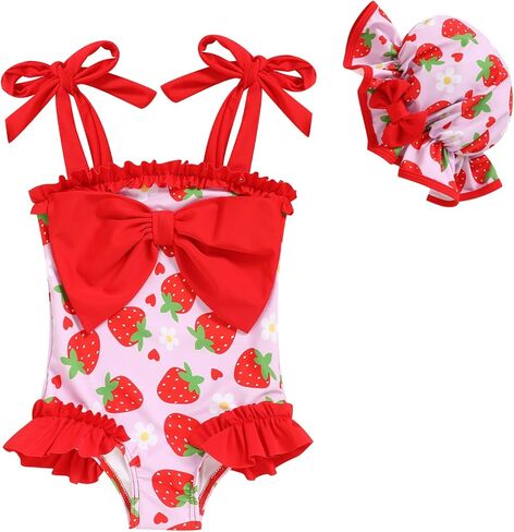 Baby Girl Strappy Swimsuit, Infant One-Piece Ruffle Bathing Suit with Sun Hat for Beach & Water Play 3M-4T in Kuwait