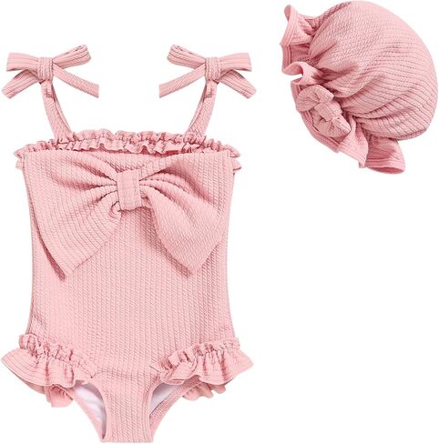 Baby Girl Strappy Swimsuit, Infant One-Piece Ruffle Bathing Suit with Sun Hat for Beach & Water Play 3M-4T in Kuwait