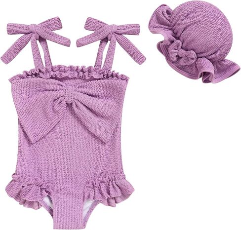 Baby Girl Strappy Swimsuit, Infant One-Piece Ruffle Bathing Suit with Sun Hat for Beach & Water Play 3M-4T in Kuwait