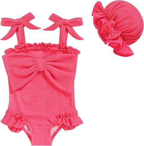 Baby Girl Strappy Swimsuit, Infant One-Piece Ruffle Bathing Suit with Sun Hat for Beach & Water Play 3M-4T in Kuwait