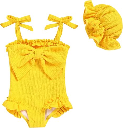 Baby Girl Strappy Swimsuit, Infant One-Piece Ruffle Bathing Suit with Sun Hat for Beach & Water Play 3M-4T in Kuwait