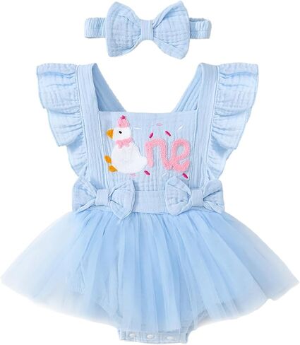 Baby Girl 1st Birthday Outfit 2026 First Birthday Gifts Ruffled Sleeveless Tulle Romper Dress One Year Old Bodysuit Clothes in Kuwait