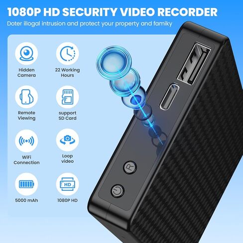 Hidden Camera Portable Charger 2K Full HD Cameras with WiFi and Night Vision 5000mAh Battery Wireless Mini Nanny Cam for Home Security Indoor Motion Detection in Kuwait