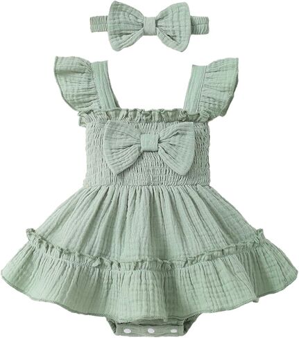 Newborn Baby Girl Summer Clothes Sleeveless Smocked Romper Dress Ruffles Jumpsuit Bodysuit with Bow Headband in Kuwait