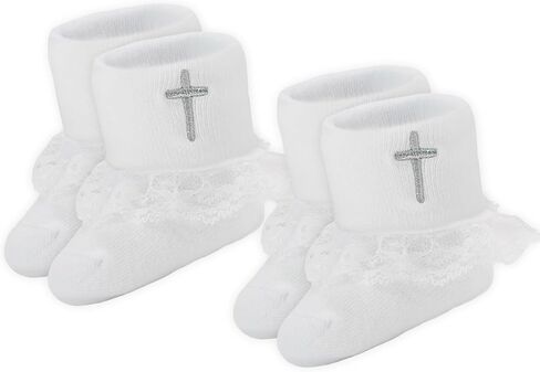 Baby Baptism Socks, 2 Pairs White Christening Socks with Cross Embroidery, Seamless Cotton, Lace & Turn Cuff in Kuwait