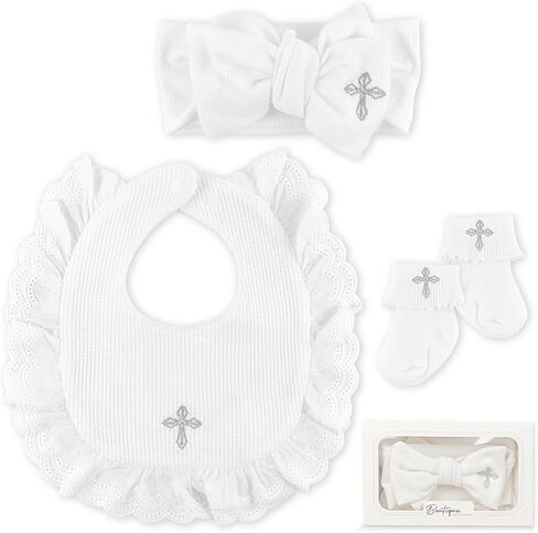 Baby Baptism Outfit Accessories Set for Girls, Christening Bib with Headband & Socks, 100% Cotton Embroidered Cross Baptism Gift Set for Newborn Infant Baby Girl in Kuwait
