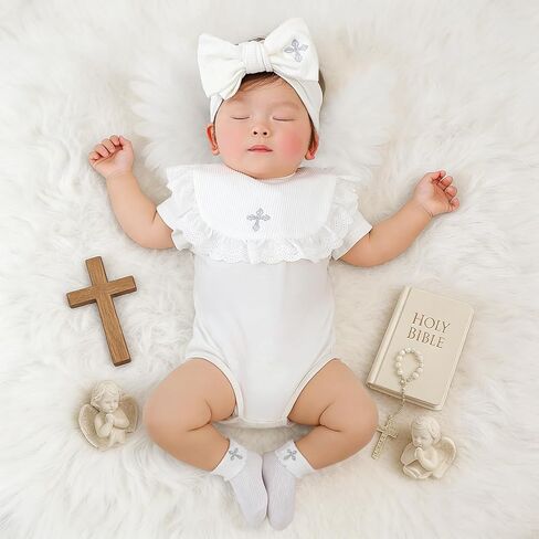 Baby Baptism Outfit Accessories Set for Girls, Christening Bib with Headband & Socks, 100% Cotton Embroidered Cross Baptism Gift Set for Newborn Infant Baby Girl in Kuwait
