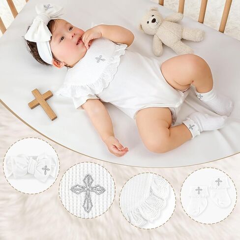 Baby Baptism Outfit Accessories Set for Girls, Christening Bib with Headband & Socks, 100% Cotton Embroidered Cross Baptism Gift Set for Newborn Infant Baby Girl in Kuwait