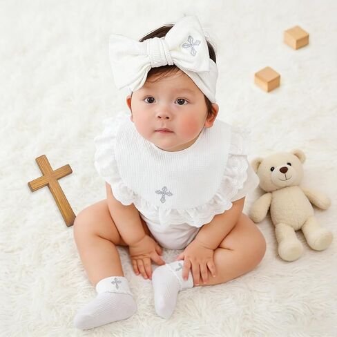 Baby Baptism Outfit Accessories Set for Girls, Christening Bib with Headband & Socks, 100% Cotton Embroidered Cross Baptism Gift Set for Newborn Infant Baby Girl in Kuwait