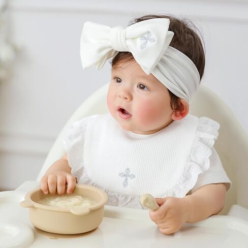 Baby Baptism Outfit Accessories Set for Girls, Christening Bib with Headband & Socks, 100% Cotton Embroidered Cross Baptism Gift Set for Newborn Infant Baby Girl in Kuwait