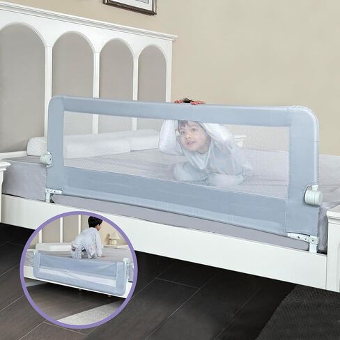 Grelife Foldable Bed Rail for Toddlers, Tall Toddler Bed Rails for Twin, Full, Queen Bed, Baby Bed Rail Guard with Reinforced Metal Frame & Breathable Mesh (1, Gray, 59.0") in Kuwait