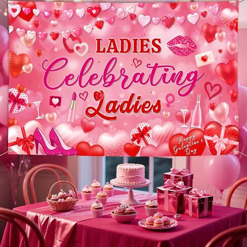 Ladies Celebrating Ladies Backdrop Banner, Galentines Day Photo Background with Lips Heels, Girls Night and Galentines Party Decorations (Happy Galentine's Day) in Kuwait