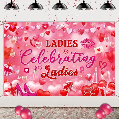 Ladies Celebrating Ladies Backdrop Banner, Galentines Day Photo Background with Lips Heels, Girls Night and Galentines Party Decorations (Happy Galentine's Day) in Kuwait