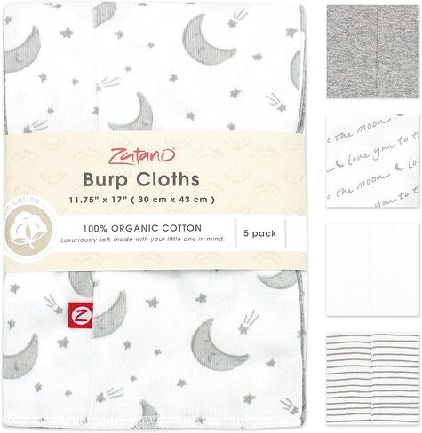 Zutano Newborn Unisex Gift Set | 5 Pack Organic Burp Cloths and Cotton, Stay-On Baby Booties, Bundle, Heather Gray & Moons, 6M in Kuwait