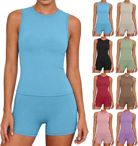 Two Piece Workout Sets For Women Summer Outfits 2 Piece Short Matching Clothing Set Sleeveless Athletic Active Wear in Kuwait