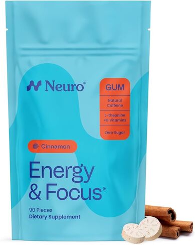 NeuroGum علكة طاقة بنكهة القرفة منشط الذهن | كافيين + إل-ثيانين + فيتامينات ب | خالي من السكر + خالي من الغلوتين + غير معدل وراثيًا + نباتي | نكهة القرفة (90 كيسًا ضخمًا) in Kuwait