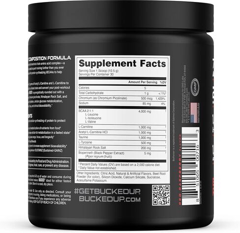 Bucked Up- BCAA RACKED™ Branch Chained Amino Acids | L-Carnitine, Acetyl L-Carnitine, GBB | Post Workout Recovery, Protein Synthesis, Lean Muscle BCAAs That You Can Feel! 30 Servings (Blood Raz) in Saudi Arabia