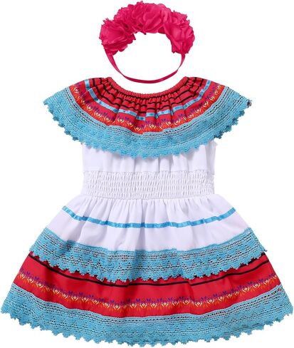 ODASDO Mexican Dress for Baby Girls Toddler Kids Cinco De Mayo Outfit Ruffle Lace Off Shoulder Romper with Flower Headband in Saudi Arabia