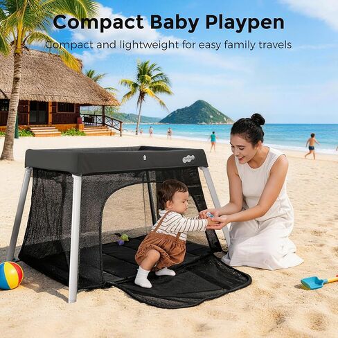 Pamo Babe Travel Pack and Play, Certified Baby Safe Travel Crib, Extra Large Portable Playpen with Mattress & Zipper Door, Portable Crib Lightweight Foldable Baby Travel Bed - Grey in Kuwait