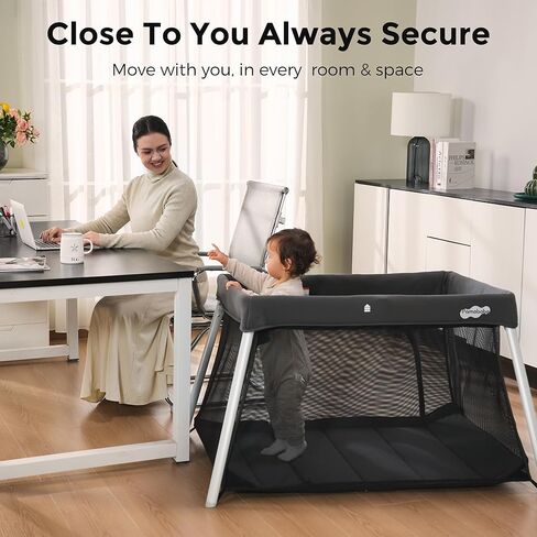Pamo Babe Travel Pack and Play, Certified Baby Safe Travel Crib, Extra Large Portable Playpen with Mattress & Zipper Door, Portable Crib Lightweight Foldable Baby Travel Bed - Grey in Kuwait