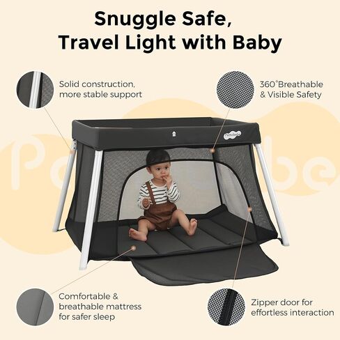 Pamo Babe Travel Pack and Play, Certified Baby Safe Travel Crib, Extra Large Portable Playpen with Mattress & Zipper Door, Portable Crib Lightweight Foldable Baby Travel Bed - Grey in Kuwait