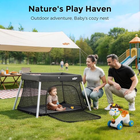 Pamo Babe Travel Pack and Play, Certified Baby Safe Travel Crib, Extra Large Portable Playpen with Mattress & Zipper Door, Portable Crib Lightweight Foldable Baby Travel Bed - Grey in Kuwait
