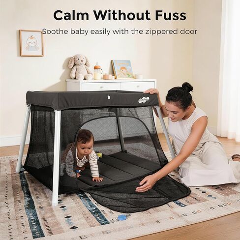 Pamo Babe Travel Pack and Play, Certified Baby Safe Travel Crib, Extra Large Portable Playpen with Mattress & Zipper Door, Portable Crib Lightweight Foldable Baby Travel Bed - Grey in Kuwait